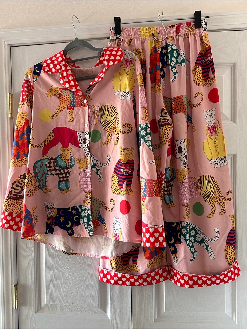 Colorful Leopard Pajamas with heart trim.